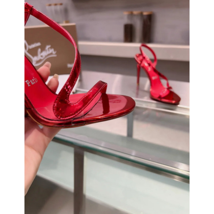 Christian Louboutin Red Patent Asymmetric Strap Slingback Sandal 100mm heel