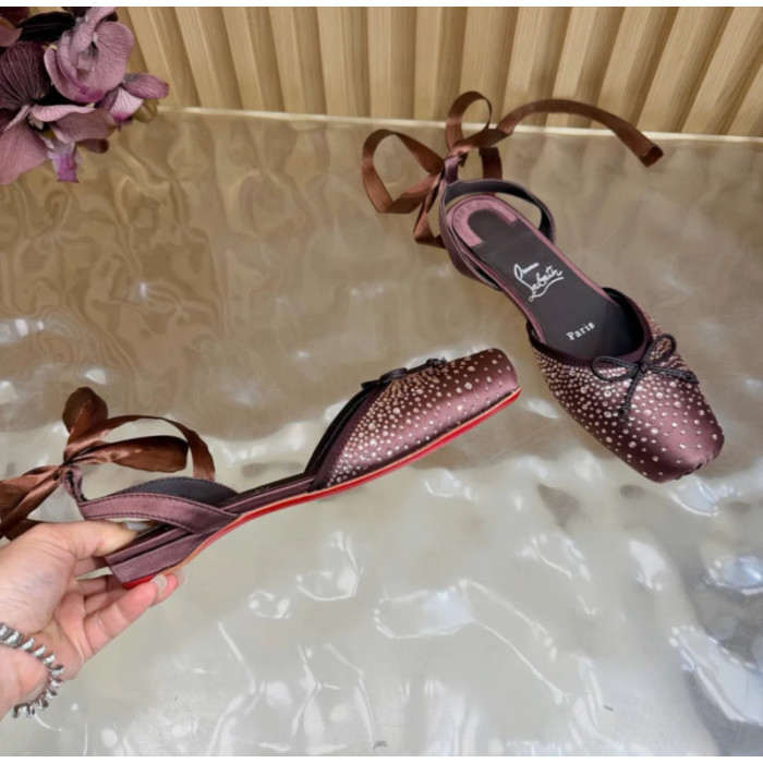 Christian Louboutin Brown Satin Crystal‑Embellished Ankle‑Tie Slingback Ballet Flats