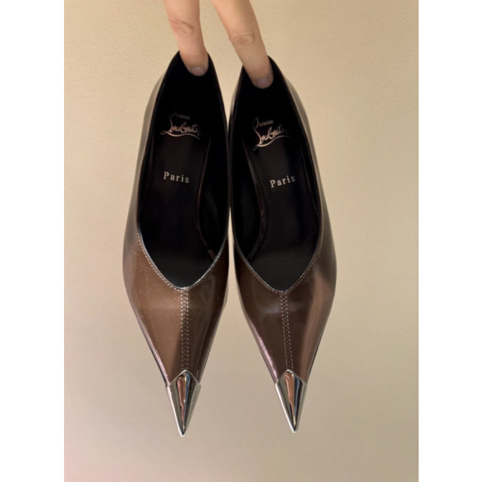 Christian Louboutin Brown Patent Metal‑Tip Pointed Toe Kitten Heel Pumps