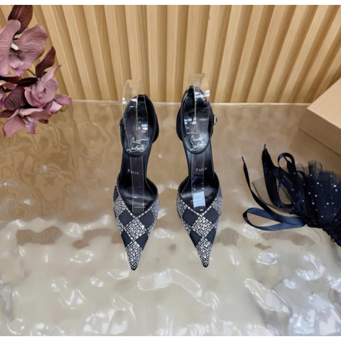 Christian Louboutin Black Satin Checkered Crystal‑Embellished 100mm Stiletto Heel Ankle‑Strap Pumps