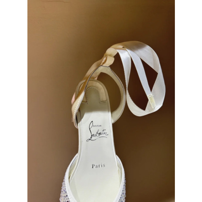 Christian Louboutin Silver Satin Crystal Tie‑Ankle Ballet Flats