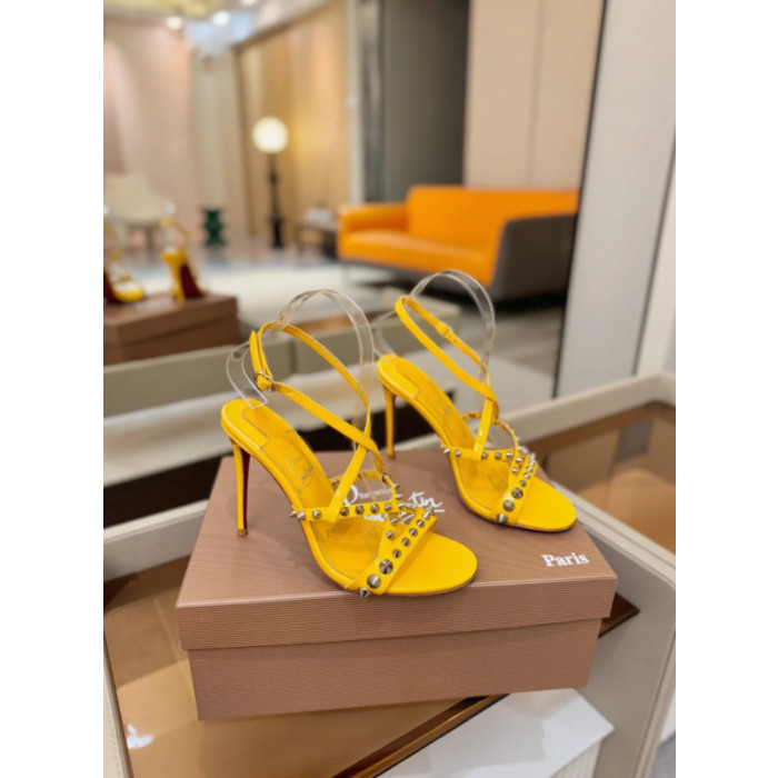 Christian Louboutin Yellow Patent Studded Crisscross Ankle‑Strap Open‑Toe 100mm Stiletto High Heel Sandals