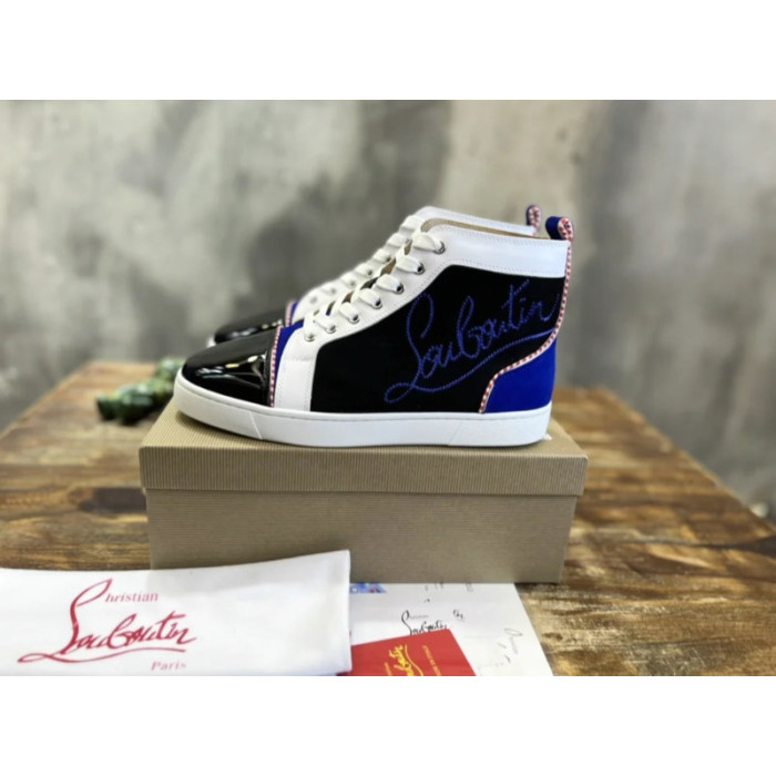 Christian Louboutin Color‑Block Patent Suede Canvas High‑Top Sneakers