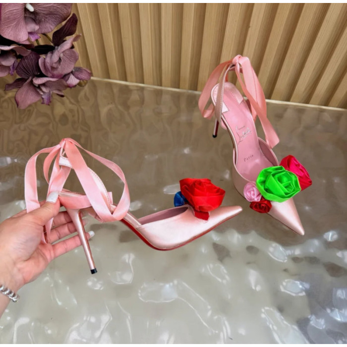 Christian Louboutin Pink Satin Multicolor Rose Flower 100mm Stiletto Heel Slingback Pumps