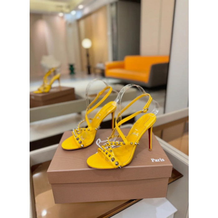 Christian Louboutin Yellow Patent Studded Crisscross Ankle‑Strap Open‑Toe 100mm Stiletto High Heel Sandals