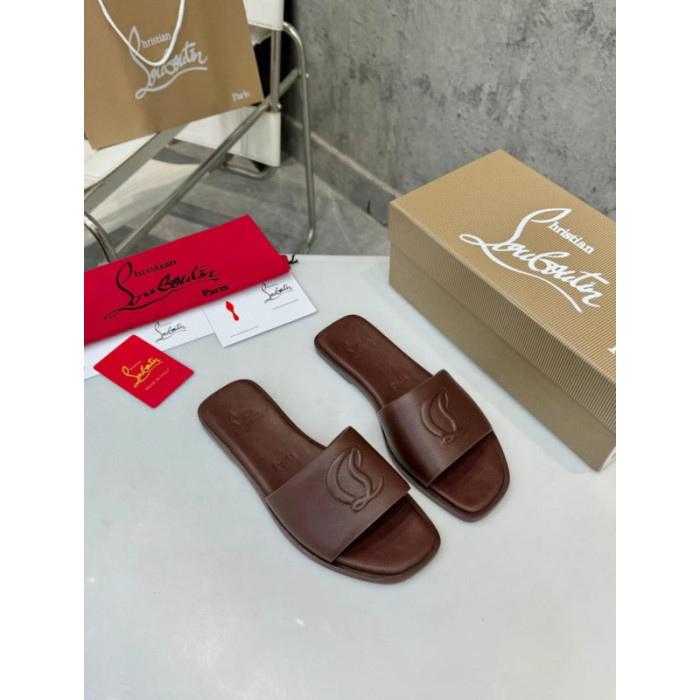 Christian Louboutin Debossed Stitched Logo Dark Brown Leather Flat Slide