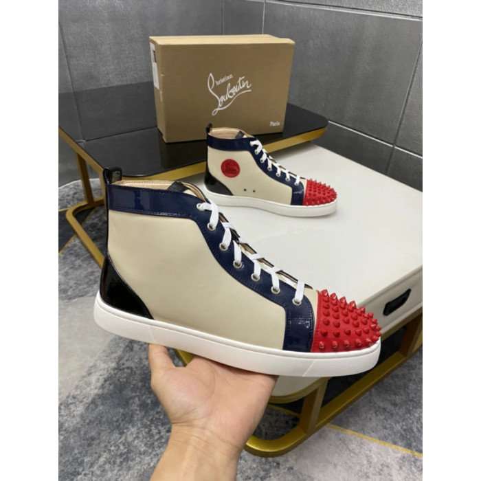 Christian Louboutin Cream Navy Red Spiked 20mm High‑Top Sneakers