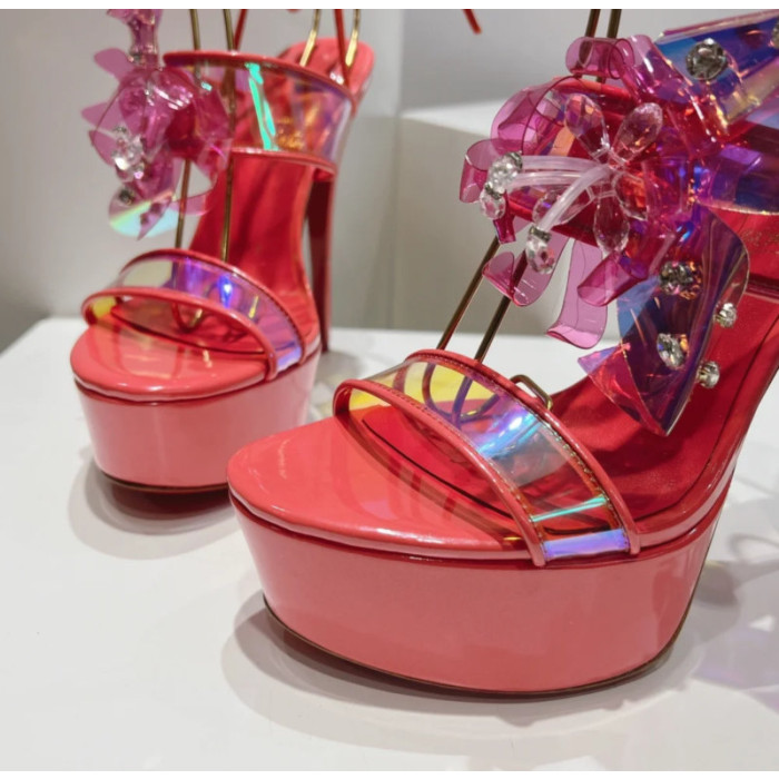 Christian Louboutin Red Patent Iridescent Crystal‑Flower 150mm Platform Ankle‑Tie Sandals
