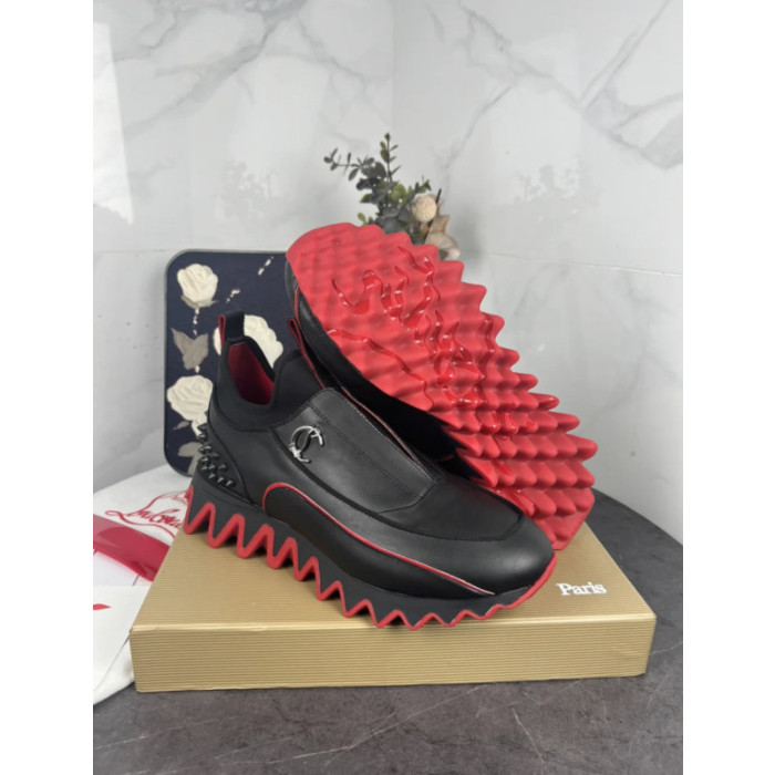 Christian Louboutin Black Slip‑On Sneakers Red Zigzag Sole Spiked Heel