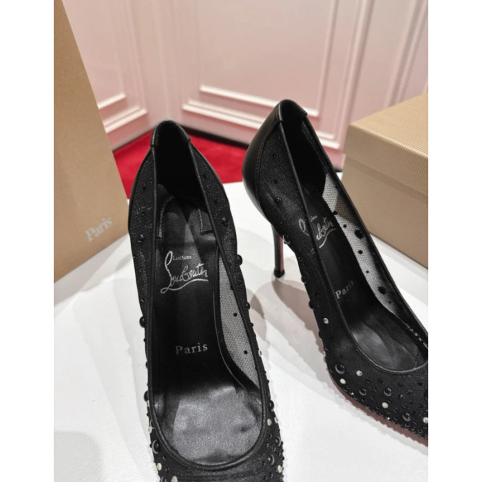Christian Louboutin Black Mesh Crystal 85mm Stiletto Heel Follies Strass Pumps