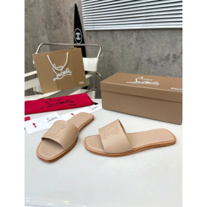 Christian Louboutin Stitched Logo Beige Leather Flat Open‑toe Slide