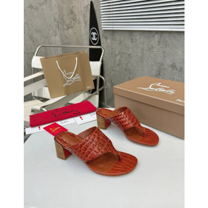Christian Louboutin Terracotta Croc‑embossed Leather 55mm Block Heel Mule Sandal