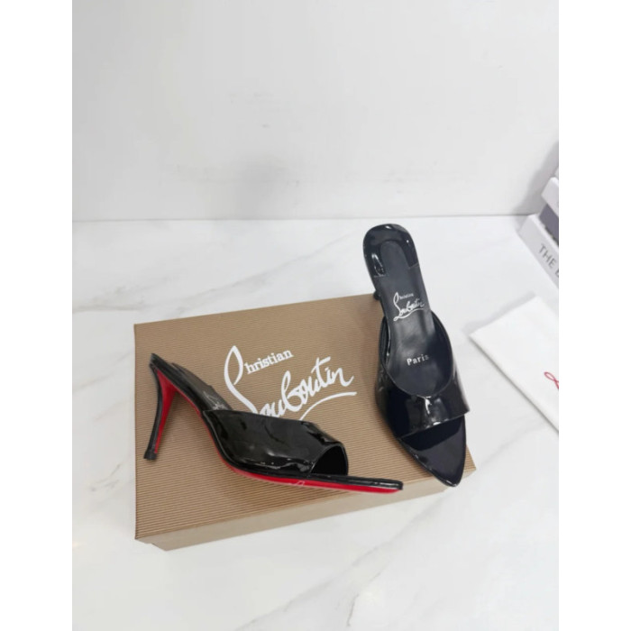Christian Louboutin Black Patent 100mm Pointed‑Toe Heel Mule Sandals