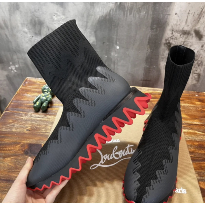 Christian Louboutin Black Knit Sock‑Style Shark‑Tooth Sole High‑Top Sneaker Boots