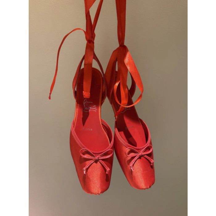 Christian Louboutin Red Satin Bow Tie‑Ankle Flat Ballet Sandals