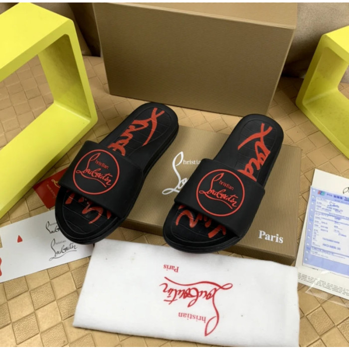 Christian Louboutin Black Rubber Slide Sandals Red Circular Logo Print