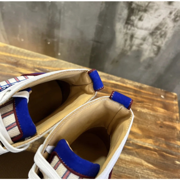 Christian Louboutin Striped Canvas Leather‑Trim High‑Top Sneakers