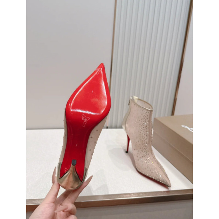 Christian Louboutin Beige Mesh Crystal 85mm Stiletto Heel Pointed‑Toe Ankle Boots