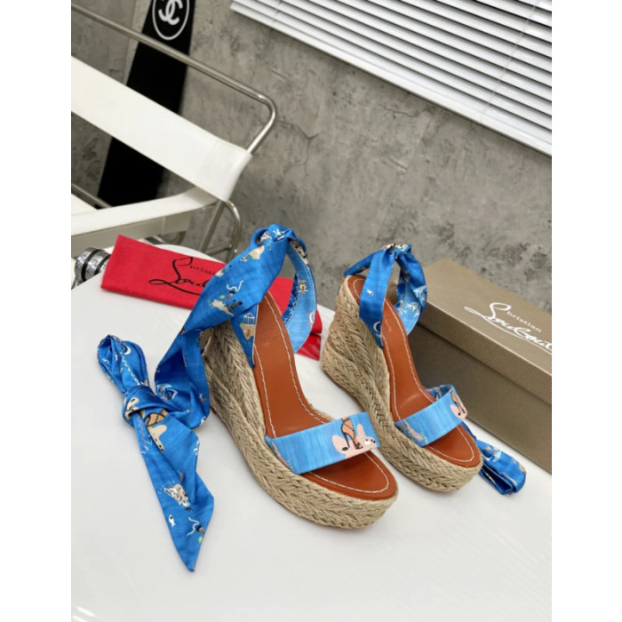 Christian Louboutin Blue Cartoon Print Fabric 120mm heel Wedge Ankle‑Wrap Espadrille Sandal