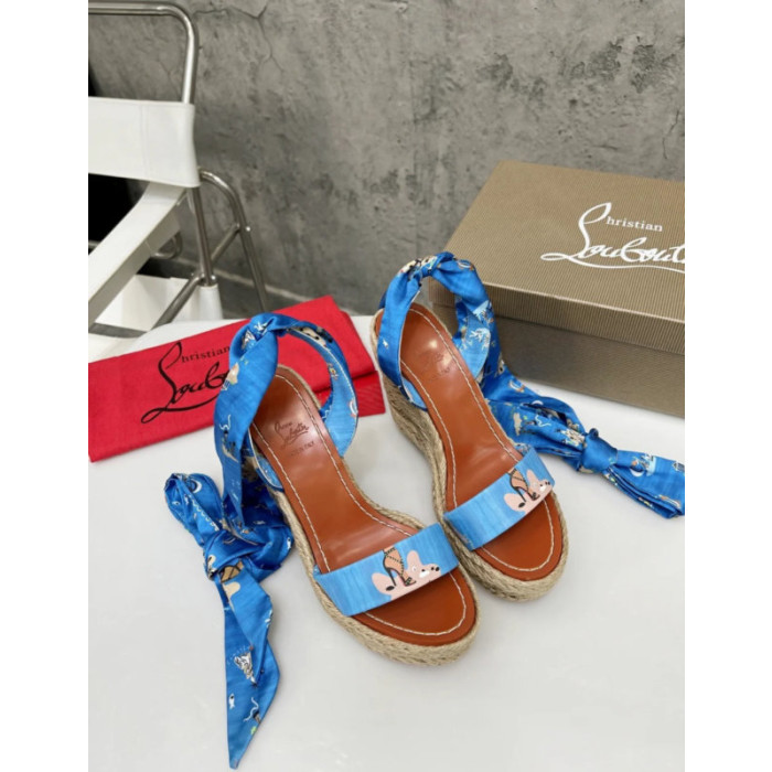 Christian Louboutin Blue Cartoon Print Fabric 120mm heel Wedge Ankle‑Wrap Espadrille Sandal