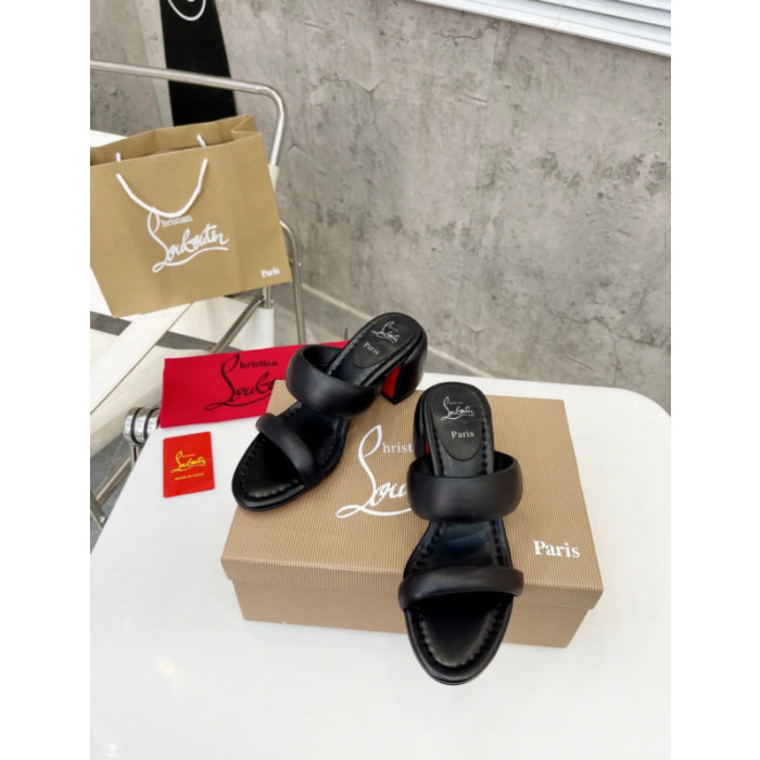 Christian Louboutin Black Leather 55mm heel Slide Sandals