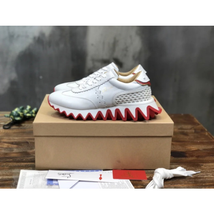Christian Louboutin White Leather Gold‑Logo Lace‑Up Sneakers Red Shark‑Tooth Sole