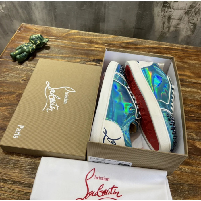 Christian Louboutin Holographic Blue Black‑Spiked Low‑Top Sneakers