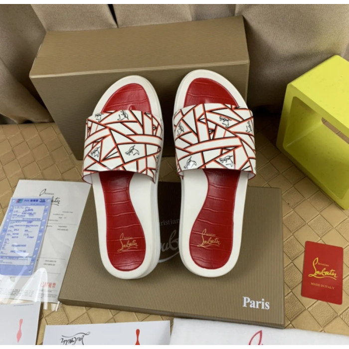 Christian Louboutin White Geometric‑Print Slide Sandals With Signature Logo