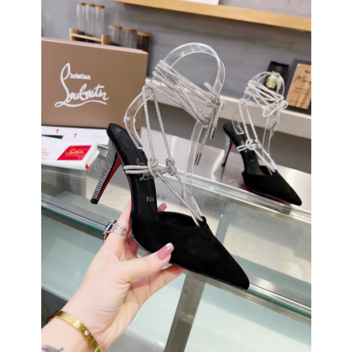 Christian Louboutin Black Suede Crystal Ankle Tie 100mm High Heel Pumps
