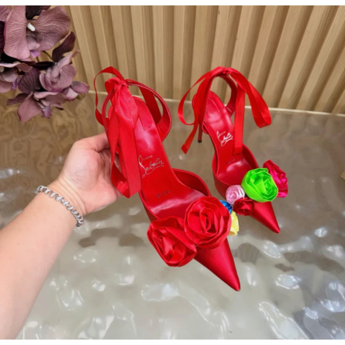 Christian Louboutin Red Satin Multicolor Fabric Flower 100mm Stiletto Heel Slingback Pumps