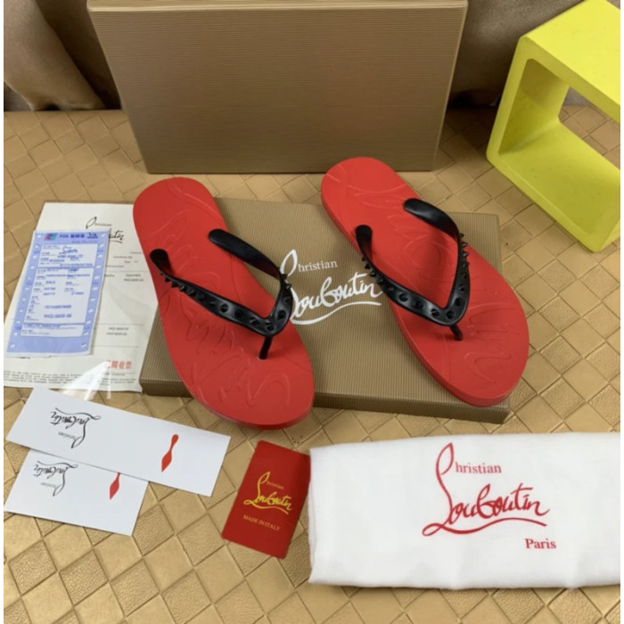 Christian Louboutin Red Embossed‑Logo Studded Flip‑Flop Sandals