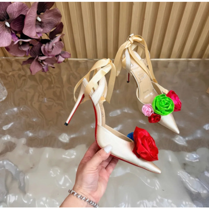 Christian Louboutin Ivory Satin Multicolor Fabric Flower 100mm Stiletto Heel Slingback Pumps