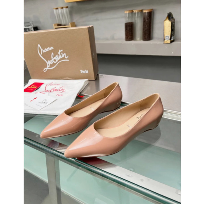 Christian Louboutin Nude Patent Leather Pointed‑Toe Low‑Wedge Heel Flats