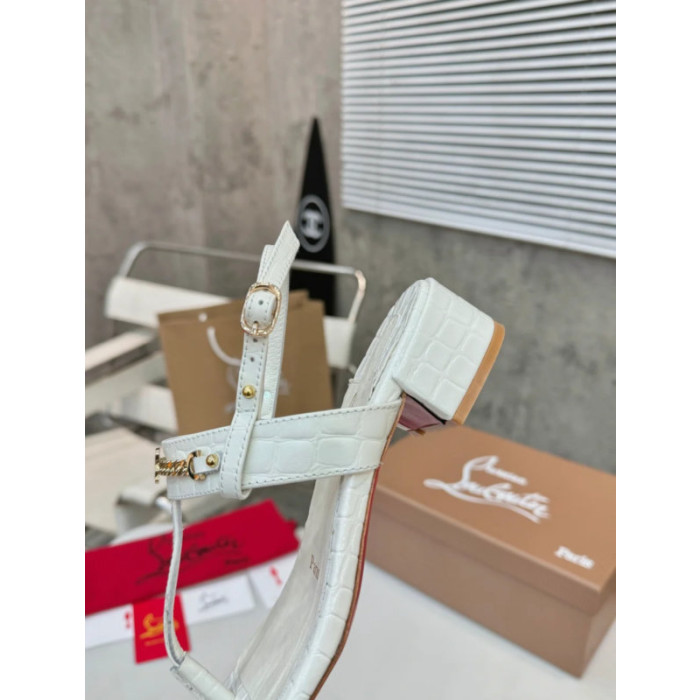 Christian Louboutin White Croc‑embossed Leather Block Heel Thong Sandal