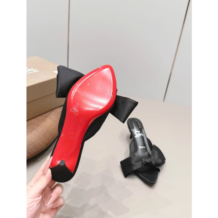 Christian Louboutin Black Satin Big‑Bow Pointed‑Toe Mule Kitten Heel Sandals 55mm heel
