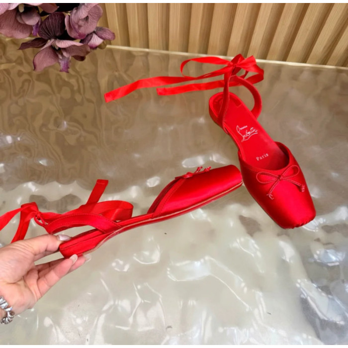 Christian Louboutin Red Satin Bow Ankle‑Tie Slingback Ballet Flats