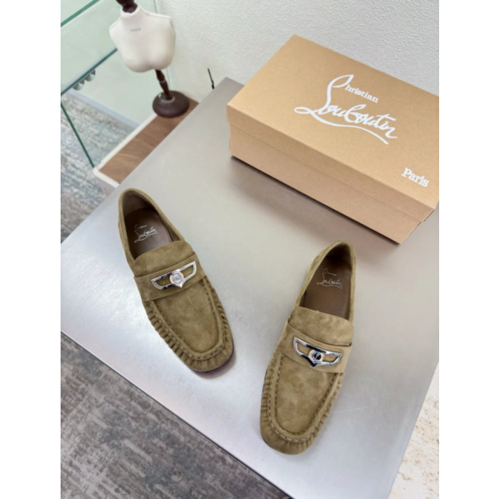 Christian Louboutin Khaki Suede Metal‑Accent Slip‑On Loafers