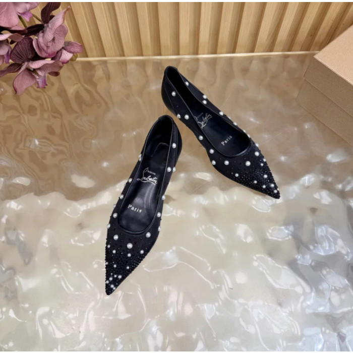 Christian Louboutin Black Mesh Pearl Crystal‑Embellished Pointed‑Toe Flat Pumps