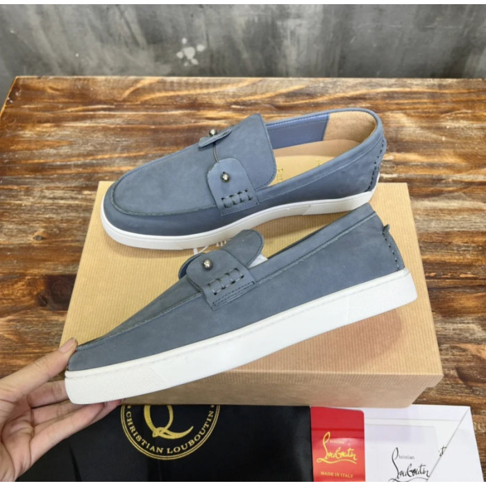 Christian Louboutin Slate Nubuck Leather Slip‑On Loafers