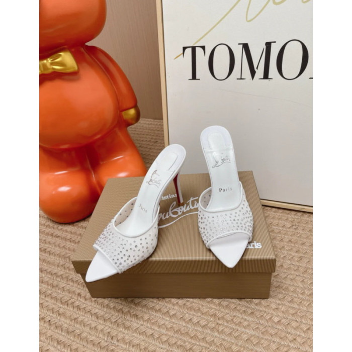 Christian Louboutin White Tulle Rhinestone‑Covered 100mm Stiletto Heel Backless Mules