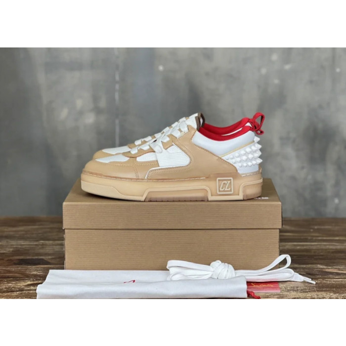 Christian Louboutin Beige White Mixed‑Media Spiked Low‑Top Sneakers