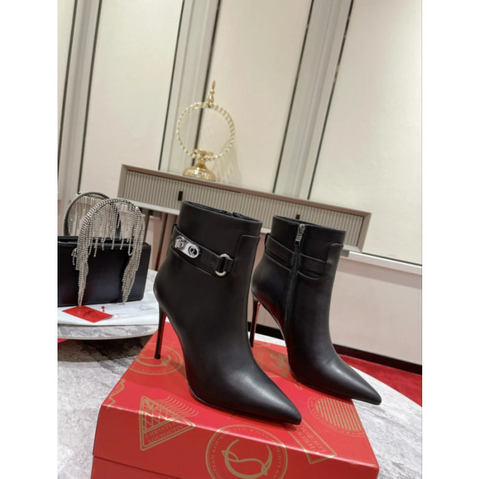 Christian Louboutin Black Leather Metal‑Buckle 100mm Pointed Toe Ankle Boots