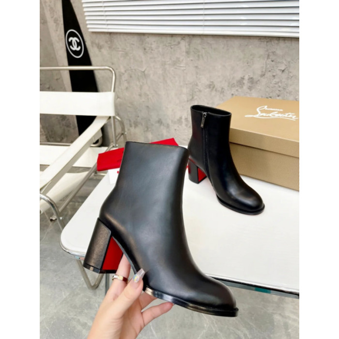 Christian Louboutin Black Smooth Leather Side‑Zip Block Heel Ankle Boots 70mm heel