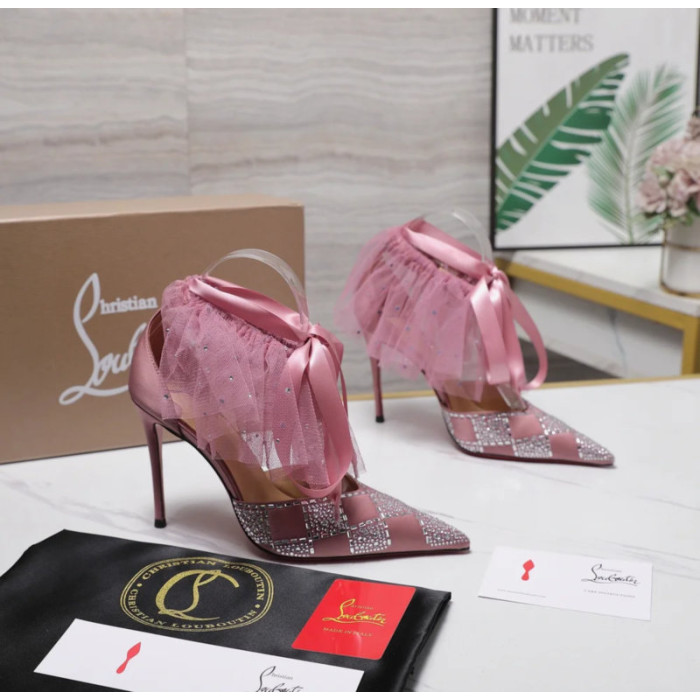 Christian Louboutin Dusty Pink Satin Checkerboard Crystal Tulle Ruffle 100mm Stiletto Heel Pumps