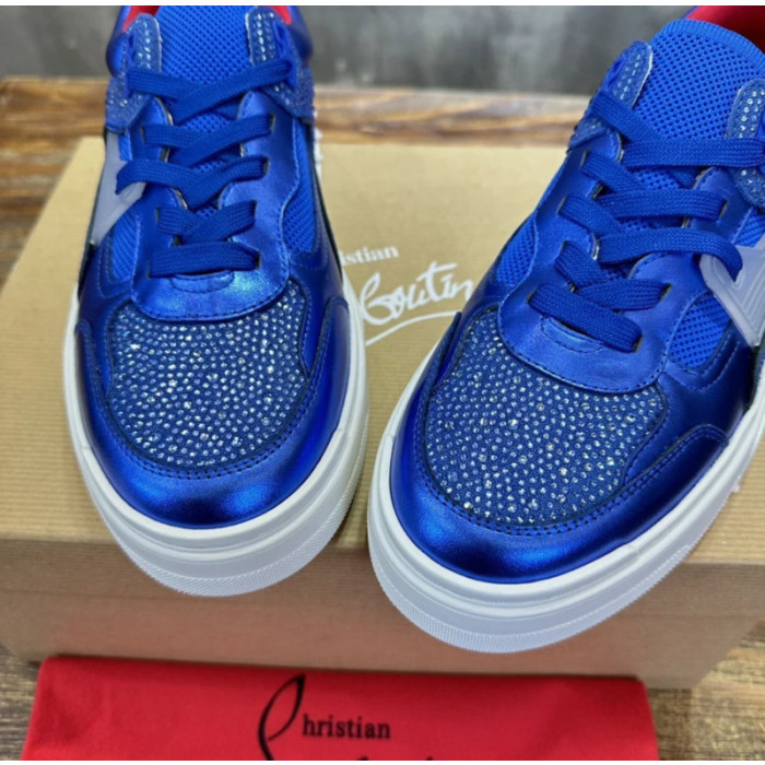 Christian Louboutin Blue Satin Crystal Spiked Low‑Top Sneakers