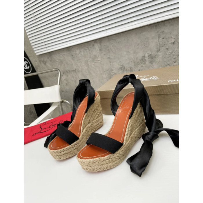 Christian Louboutin Black Textile 120mm heel Wedge Ankle‑Wrap Espadrille Sandal