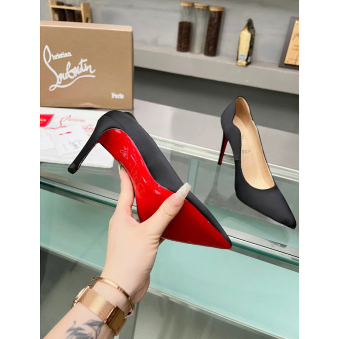 Christian Louboutin Black Satin Scalloped Pointed‑Toe 100mm High Heel Pumps