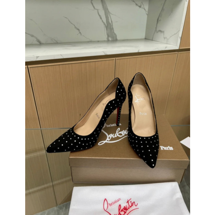 Christian Louboutin Black Suede Scalloped Crystal‑Dot 100mm heel Pump