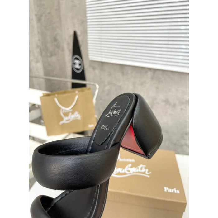 Christian Louboutin Black Leather 55mm heel Slide Sandals