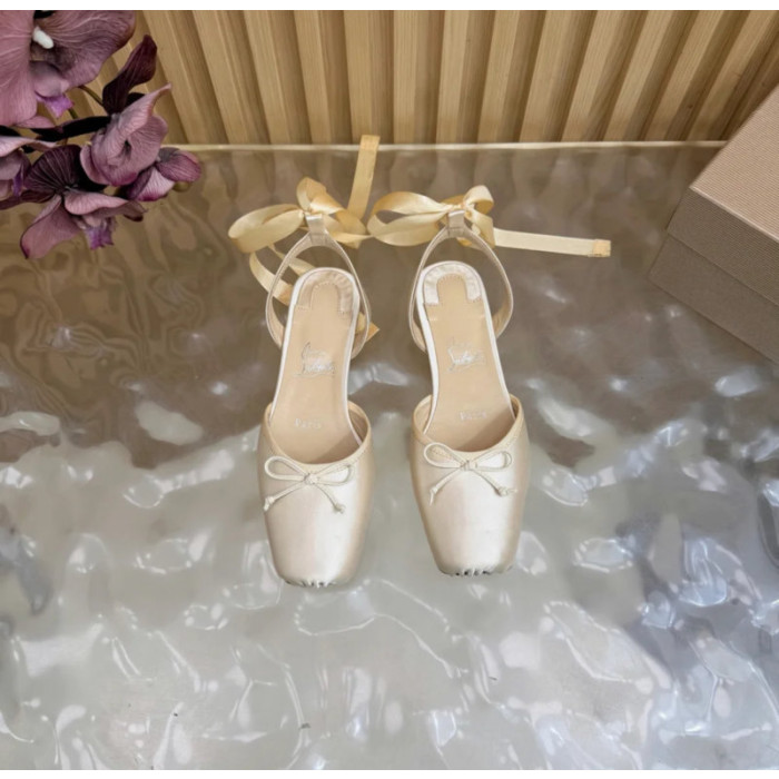Christian Louboutin Ivory Satin Bow Ankle‑Tie Slingback Ballet Flats